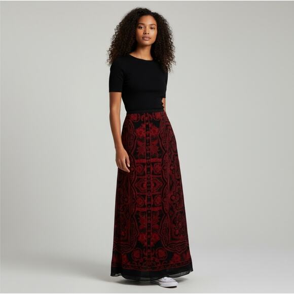 100% Silk Gothic Black and Red Damask Brocade Jacquard Maxi Skirt - Picture 4 of 9